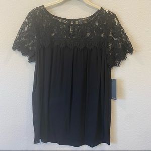 Ella Moss Black Lace Yoke Short Sleeve Top